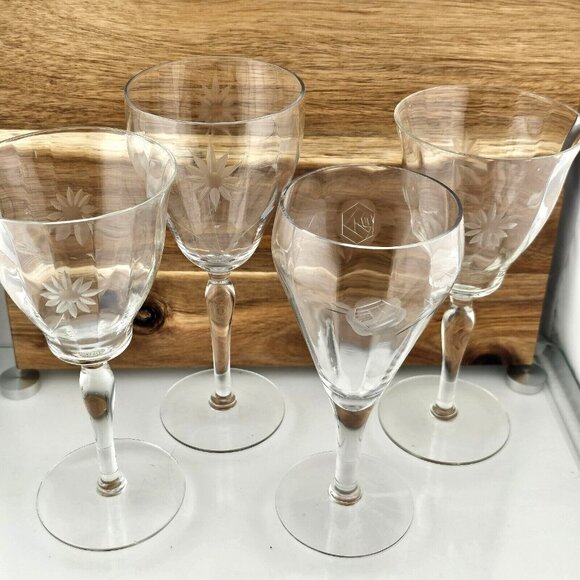4 Etched Floral Wine Cocktail Glasses Elegant Mixed Designs mismatched flaw #0 - Picture 3 of 10
